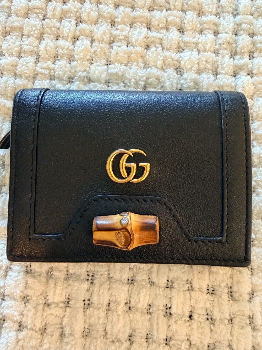 Gucci Black Leather Mini Wallet with Bamboo Accent and Gold GG